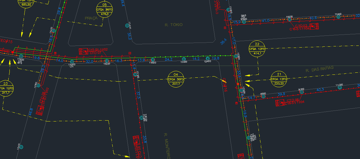 Detalhe de projeto executivo de rede FTTH em ambiente CAD